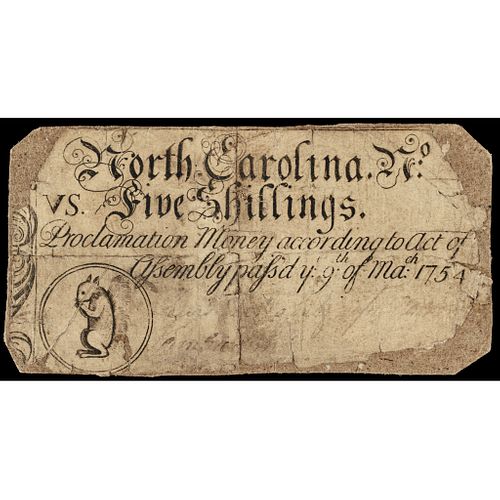 Colonial Currency, North Carolina March 9, 1754 5s Squirrel vignette PCGS F-12