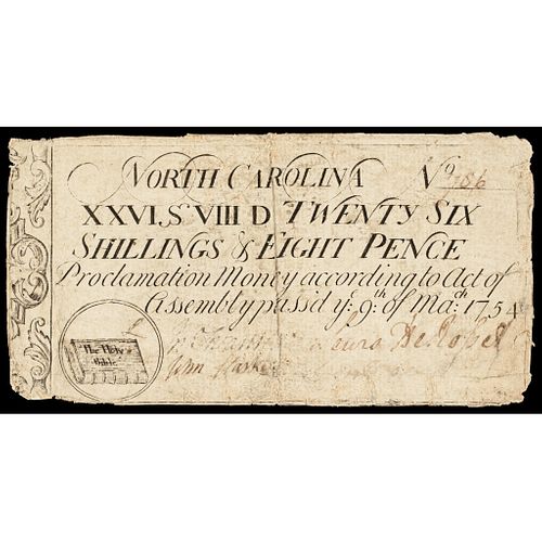 Colonial Currency Note, NC. Mar. 9, 1754 Act, 26s8d The Holy Bible vignette