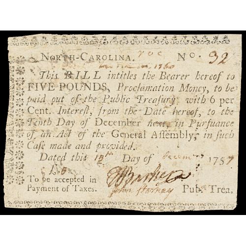 Colonial Currency, NC. November 21,1757 5 Payment Not Hyphenated VF