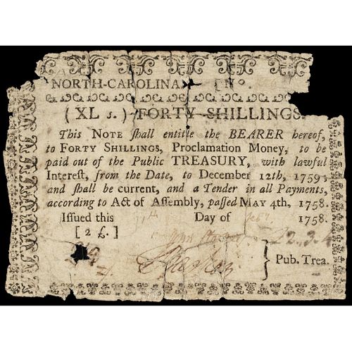 Colonial Currency North Carolina May 4, 1758 Forty Shillings PCGS graded Fine-15