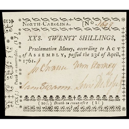 Colonial Currency, North Carolina. April 23, 1761. 20 Shillings. Gem Crisp Unc.