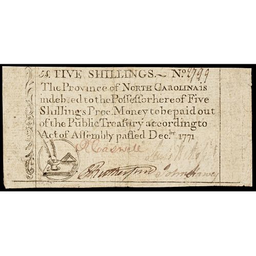 Colonial Currency, North Carolina December 1771 Five Shillings Quill Pens Note