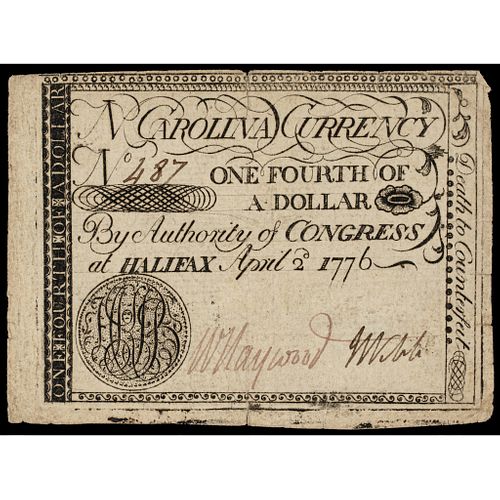 North Carolina. April 2, 1776 $1/4 with Monogram FB. PCGS graded Very Fine-35
