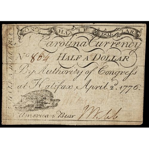 Colonial Currency, April 2, 1776 North Carolina $1/2. N. American Bear Vignette