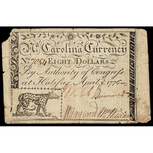 Colonial Currency, North Carolina April 2, 1776 $8. Leopard vignette. PCGS VF-25