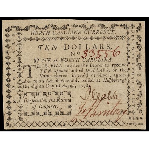 Colonial Currency, NC. August 8, 1778. Ten Dollars. PCGS Choice AU-58 PPQ