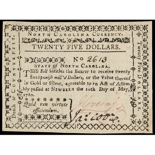 Colonial Currency May 10, 1780 North Carolina $25 PCGS Choice AU-55 PPQ