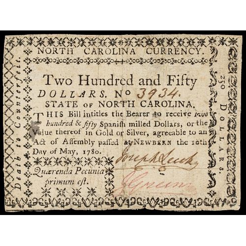 Colonial Currency North Carolina May 10, 1780 Act $250 (T in This Not Boxed) VF