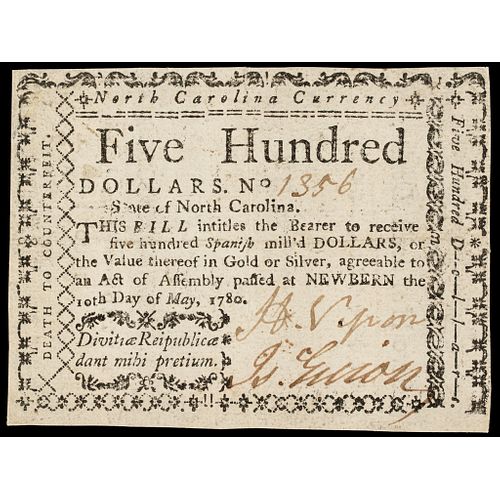 Colonial Currency, NC. May 10, 1780 $500. Divitiae Reipublicae... T Not Boxed EF