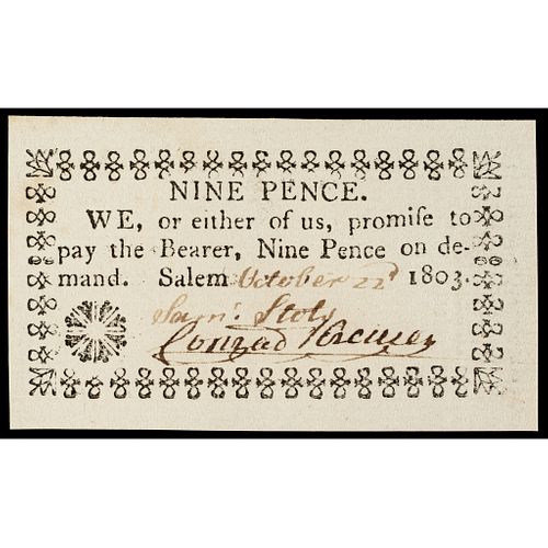 Colonial Currency, NC. October 22, 1803. Moravian Church Note Salem. 9d. Gem CU
