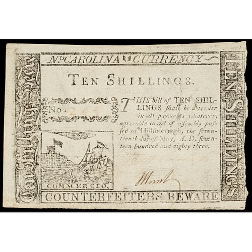 Newman Plate Note Colonial NC. May 17, 1783 10s Ships vignette Contemporary Cft.