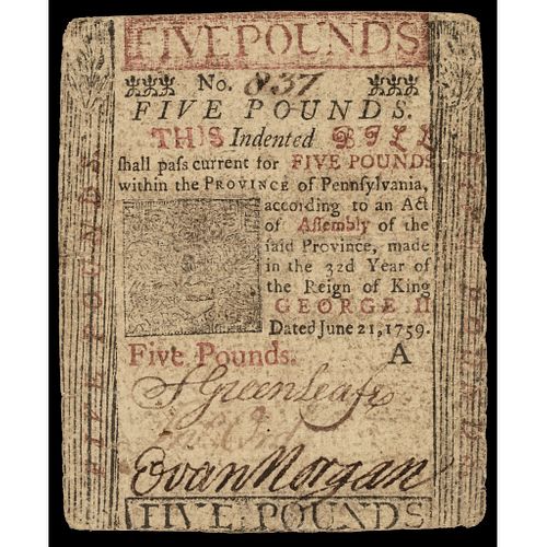 BENJAMIN FRANKLIN PRINTED Colonial Currency, PA. June 21, 1759 PCGS VF-20 RARITY