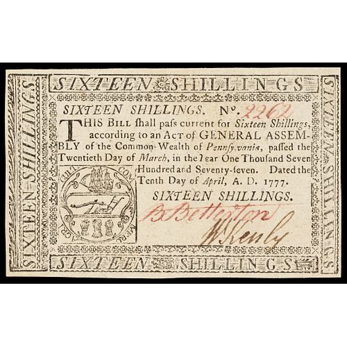 Colonial Currency. Pennsylvania April 10, 1777 Sixteen Shillings GEM Crisp Unc.