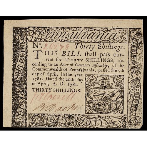 Colonial Currency, Pennsylvania. April 20, 1781 30s Dnnlap Error. Richard Bache