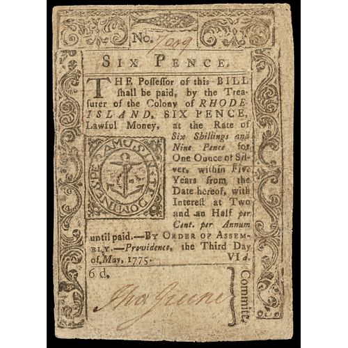 Colonial Currency, Rhode Island, May 3, 1775. 6 Pence. PASS-CO graded Fine-15