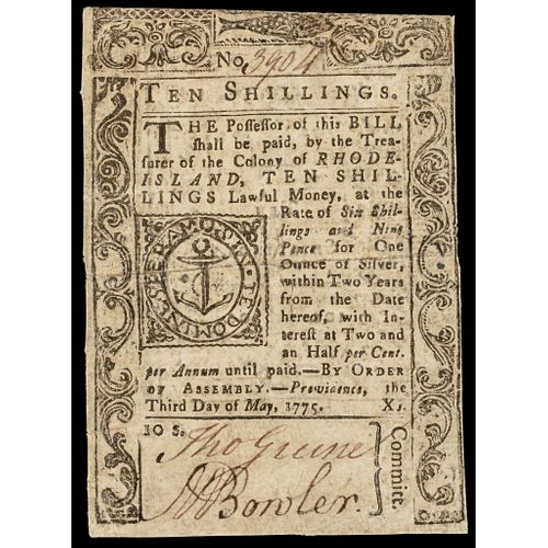 Colonial Currency, Rhode Island. May 3, 1775 Ten Shillings. PASS-CO Very Fine-35