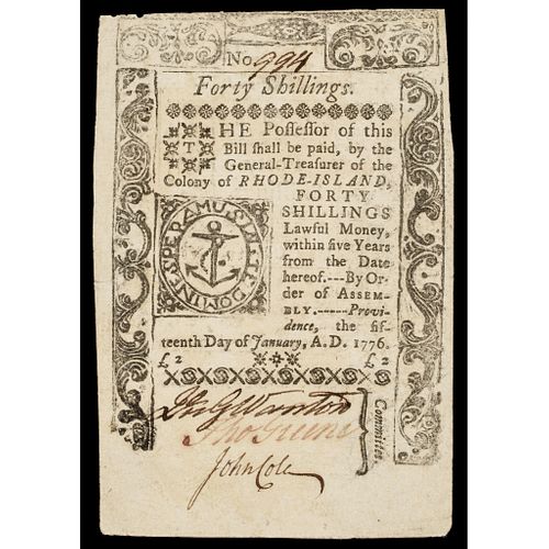 Colonial Currency Rhode Island. January 15, 1776. Forty Shillings, PASS-CO EF-45