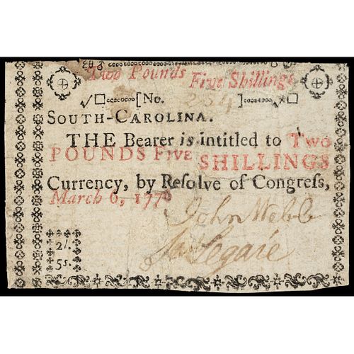 Colonial Currency, South Carolina March 6, 1776 Printed with Hebrew Text Letters