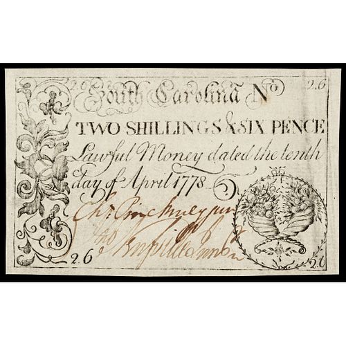 CHARLES PINCKNEY, JR Signed Colonial Currency SC. April 1778 2s6d