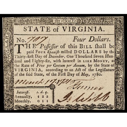 Colonial Currency, VA. May 1, 1780 $4 Guaranteed US Issue Fully Signed PMG AU-55