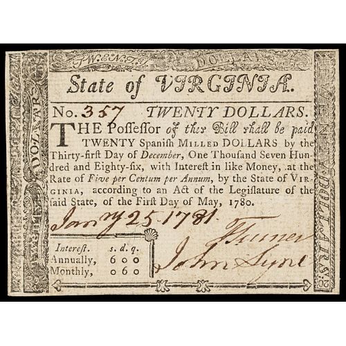 Colonial Virginia May 1, 1780 $20 Guaranteed Signed Issue Crisp Uncirculated