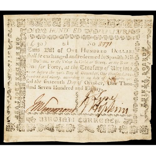Colonial Currency, Virginia October 16, 1780 $100 Type with Printed Back VF