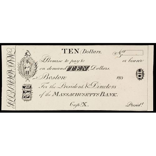 Obsolete Currency, Boston, MA. The Massachusetts Bank $10 India Paper Card Proof
