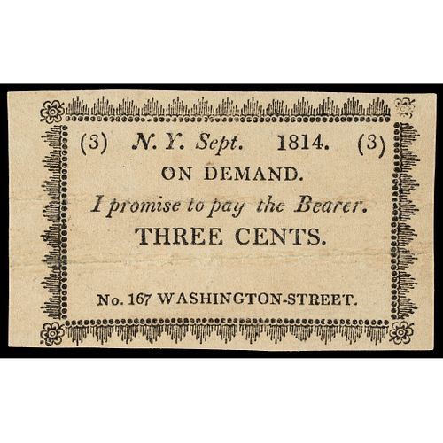 1814 3-Cent Private Issuer, I promise to Pay Bearer, Washington Street, NY EF-40