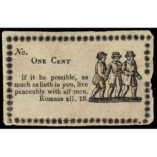 Unique Roman XII:18 One Cent Chit, Eye-catching Unique Engraved Vignette c. 1814