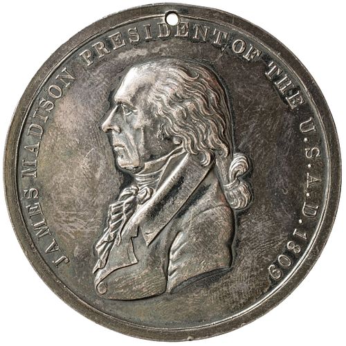 1809 Silver James Madison Indian Peace Medal Finest Known AU. 51mm ANACS Genuine
