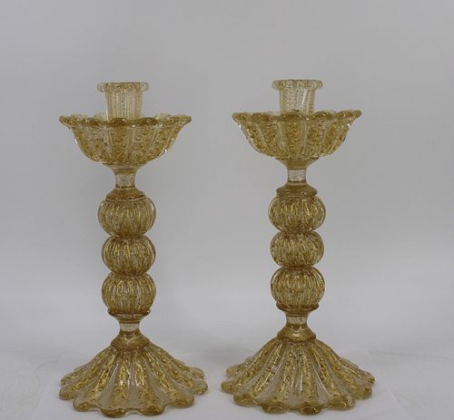 A Pair Of Murano Glass Candlesticks.