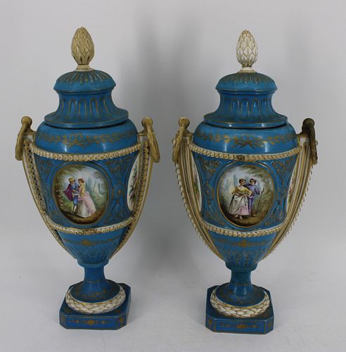 A Pair Of Sevres Powder Blue Porcelain Lidded