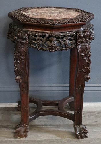 Asian Octagonal Marble Top Carved Wood Stand.