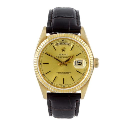 ROLEX - a gentleman's Oyster Perpetual Day-Date wrist watch. Circa 1979. 18ct yellow gold case with