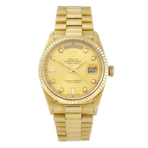 ROLEX - a gentleman's Oyster Perpetual Day-Date bracelet watch. Circa 1986. 18ct yellow gold case wi