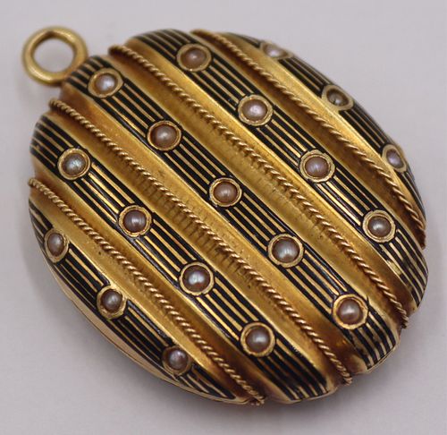 JEWELRY. 18kt Gold, Enamel, and Seed Pearl Locket.