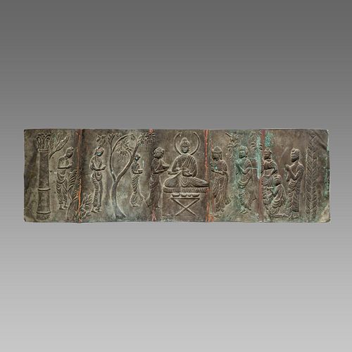 Large Antique Indian Copper Panel with Buddha Scene.