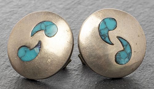 Taxco Silver Turquoise & Lapis Round Cufflinks