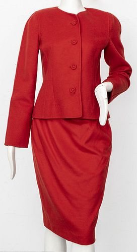 Oscar De La Renta Red Wool / Cashmere Skirt Suit