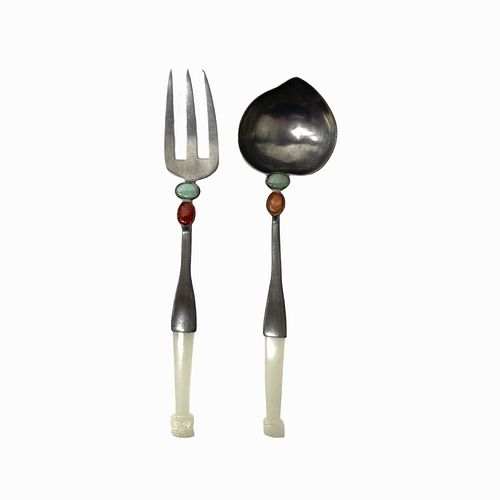 Pair of Chinese Pewter and Jade Utensils