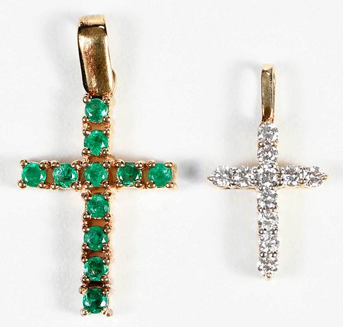 Two Gold and Gemstone Cross Pendants 