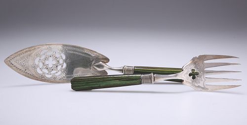 A GEORGE III SILVER AND GREEN-STAINED IVORY HANDLED FISH SL