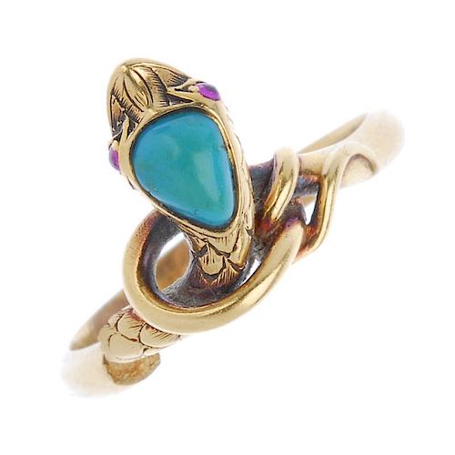 A mid Victorian 15ct gold gem-set snake ring. The pear-shape turquoise head, with pink gem cabochon
