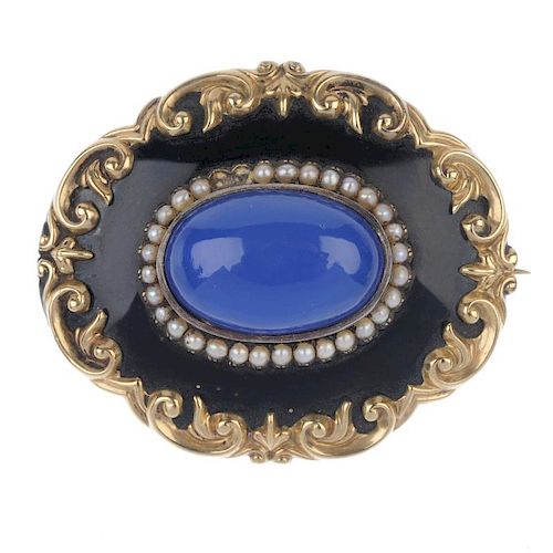 A mid Victorian enamel and gem-set memorial brooch. The replacement oval blue chalcedony cabochon, w