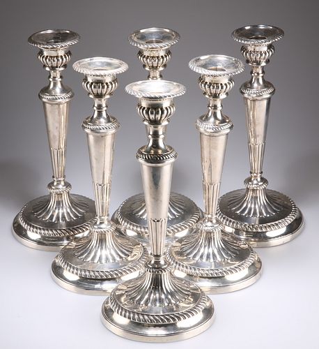 A RARE SET OF SIX GEORGE III LARGE SILVER TABLE CANDLESTICK