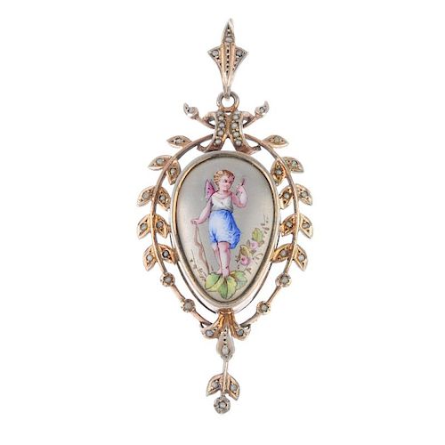 A late 19th century gold seed pearl picture locket/pendant. The central painted panel depicting a pu
