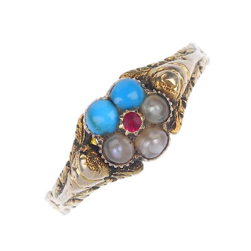 A late Victorian gold gem-set memorial ring. The turquoise, split pearl and red gem floral cluster,