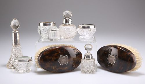 A GROUP OF SILVER, including two silver-collared cut-glass 