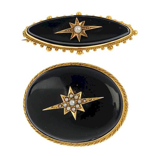 Two late 19th century 18ct gold onyx and seed pearl memorial brooches. The first designed as an oval