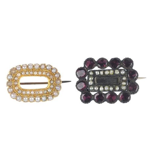 Two mid Victorian gem-set brooches. Each of rectangular outline, to include a split pearl and garnet
